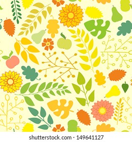 Seamless autumn pattern with flowers and foliage on a yellow background