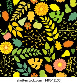 Seamless autumn pattern with flowers and foliage on a black background