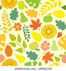 Seamless autumn pattern with flowers and foliage on a yellow background