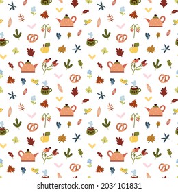 Seamless autumn pattern. Flowers, leaves, harvest. Bright illustration.