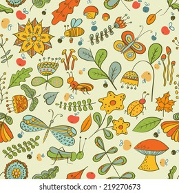 Seamless autumn pattern with flowers, mushrooms, leaves, and insects. Vector background. 