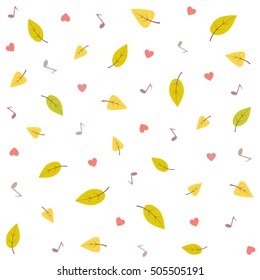 Seamless autumn pattern from flying leaves, notes and hearts. Isolated on a white background. It can be used for scrap-booking, textile printing, web design or packaging materials.
