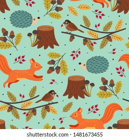 seamless autumn pattern with forest animals - vector illustration, eps    
