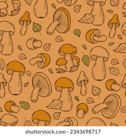 Seamless autumn pattern with forest mushrooms. Vector illustration in doodle hand drawn style.