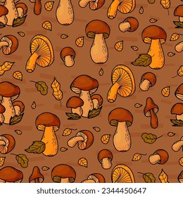 Seamless autumn pattern. Forest mushrooms with autumn leaves on brown background. Vector illustration in color doodle hand drawn style.