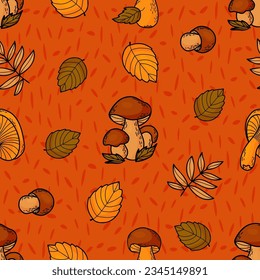 Seamless autumn pattern. Forest mushrooms porcini and chanterelles on bright orange background with colorful autumn leaves. Vector illustration .