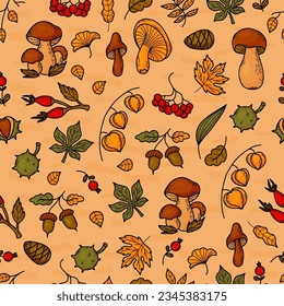 Seamless autumn pattern. Forest mushrooms, berries, cones, acorns and chestnuts with autumn leaves on light yellow background. Vector illustration in color doodle hand drawn style.