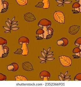 Seamless autumn pattern. Forest mushrooms on green background with colorful autumn leaves. Vector illustration 