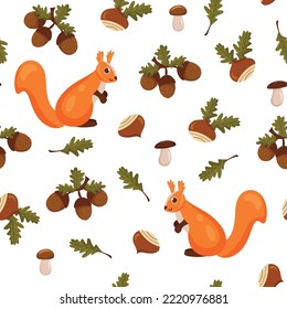 Seamless autumn pattern with forest squirrel, mushrooms, acorns and leaves white background. Beautiful print for textiles, wallpaper, packaging cartoon style.