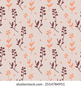 Seamless autumn pattern in the form of a solid line of hand-drawn elements of flowers, leaves, branches.