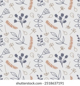 Seamless autumn pattern in the form of a solid line of hand-drawn elements of flowers, leaves, branches.