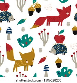 Seamless autumn pattern with fox, mushrooms and hedgehog. Creative autumn texture for fabric, wrapping, textile, wallpaper, apparel. Vector illustration