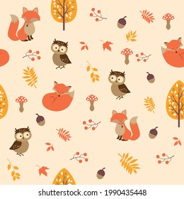 Seamless autumn pattern with foxes, owles, mushrooms, leaves. Vector illustration. 