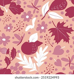 Seamless autumn pattern with fruits, berries and leaves