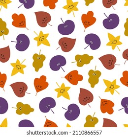 Nahtloses Herbstmuster mit lustigen Herbstblättern mit orangefarbenen Gesichtern; Gold; violett; braun und gelb. Ideal für Tapeten; Geschenkpapier; Musterfüllung; Herbstgrußkarten; Textilien.