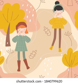 Seamless autumn pattern with a girl and a drink. Vector illustration, in a modern cartoon style, for printing on packaging paper, postcard, poster, banner, clothing. Cute children's background.