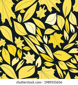 Seamless autumn pattern with golden yellow hand drawn leaves on a black background. Pattern can be used for wrapping papers, invitation cards, wallpapers, covers, textile prints. Vector illustration