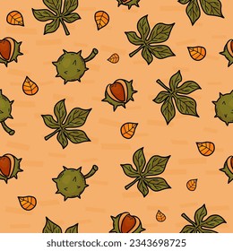 Seamless autumn pattern. Green leaves and brown chestnut fruits on beige background with falling leaves. Vector illustration for design, decoration, wallpaper, packaging, textile.