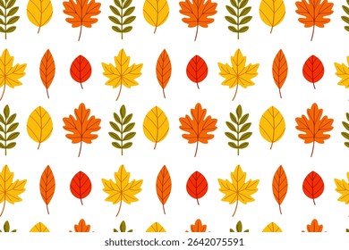 Seamless autumn pattern with green leaves in various shapes. Ideal for background use, decor and fall-themed prints