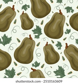 seamless autumn pattern with green long pumpkins with pumpkin seeds and pumpkin leaves on a light background, vector