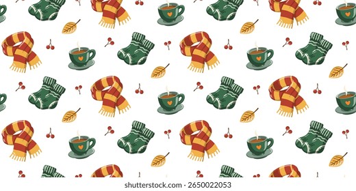Nahtloses Herbstmuster mit grünen Socken, gestreiftem Schal und Teetasse. Cartoon, Vektorhintergrund.