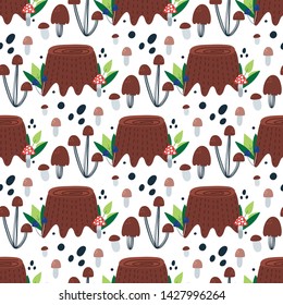 Seamless autumn pattern with hand drawn stump, mushrooms and leaves on a white background. Vector design for wrapping paper, textile. 
