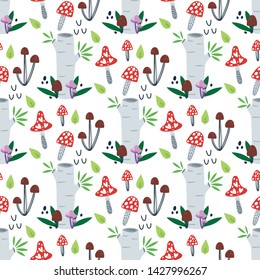 Seamless autumn pattern with hand drawn stump, mushrooms and leaves on a white background. Vector design for wrapping paper, textile. 
