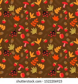 Seamless autumn pattern with hand drawn leaves, mushrooms, Christmas tree needles, forest apples, acorns, viburnum on the dark green background. Vector.