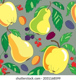 Seamless autumn pattern with hand drawn fruit and berries. Harvest, apple, pear, plum, hawthorn, blackberry, apricot. Cartoon style.  Vector illustration