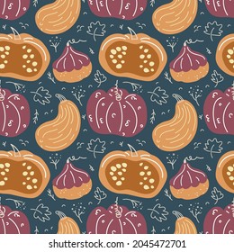 Seamless autumn pattern with hand drawn pumpkins in cartoon style. Flat dark and orange background of pumpkins, squash and seeds. For thanksgiving, harvest and halloween in scandinavian style.
