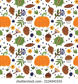 Seamless autumn pattern with hand drawn orange pumpkins, mushrooms, brawn and green leaves, berries, acorns, cones, chestnuts. Season design for apparel, prints, textile 