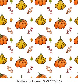 Seamless autumn pattern. Hand drawn yellow and orange pumpkins and bright leaves on white background. Design for Halloween holiday costume, greeting card, banner, party invitation. 