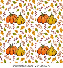 Seamless autumn pattern. Hand drawn yellow and orange pumpkins and bright leaves on white background. Design for Halloween holiday costume, greeting card, banner, party invitation. 