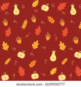Seamless autumn pattern with hand drawn apples, pears, mushrooms, acorns and fall leaves. Cozy seasonal color palette in warm reds, yellows, and browns. Transparent background. Ideal for packaging