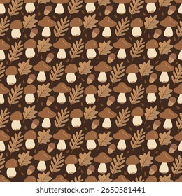 Seamless autumn pattern with hand drawn mushrooms, oak leaves, acorns, and raindrops on a dark brown background. Ideal for cozy fall fabrics, wrapping paper and seasonal prints.