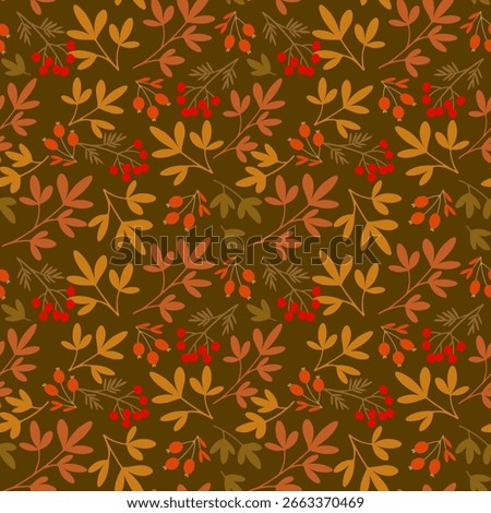Seamless autumn pattern with hand drawn fall leaves, berries and branches in warm tones on dark background. Design for seasonal packaging, gift wrap, home decor, textile print.