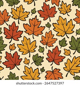 Seamless autumn pattern with hand-drawn maple leaves in warm colors of red, orange, yellow, and green on a cream background. A cozy, rustic, and festive illustration perfect for fall and Thanksgiving.