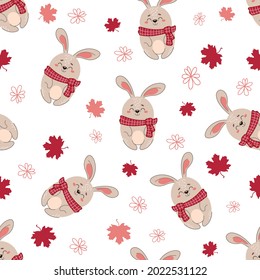 Patrón de otoño sin foco con liebre, hojas de otoño y flores. Hermosos conejitos en un estilo de caricatura. Vector. Idóneo para prendas de vestir, papel de pared, papel de embalaje, embalaje, tela
