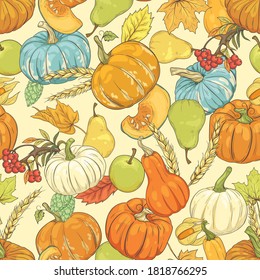 seamless autumn pattern with harvest. seamless pattern with pumpkins, apples, pears and berries