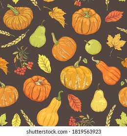 seamless autumn pattern with harvest. seamless pattern with pumpkins, apples, pears and berries
