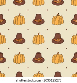 Seamless autumn pattern. Hat and pumpkin - seamless pattern. Hand drawn thanksgiving icons