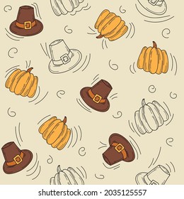 Seamless autumn pattern. Hat and pumpkin - seamless pattern. Hand drawn thanksgiving icons