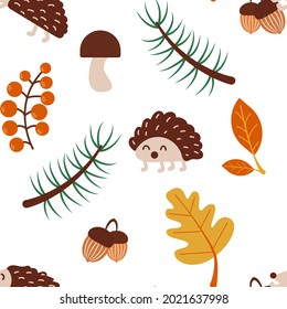 Seamless autumn pattern with hedgehog and leaves. Isolated vector illustration.