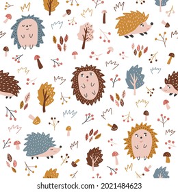 Seamless autumn pattern with hedgehog, mushrooms and leaves. Creative scandinavian background. Perfect for kids apparel, fabric, textile, nursery decoration, wrapping paper. Vector Illustration.