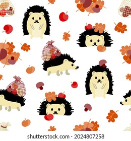 Seamless autumn pattern with hedgehogs, leaves, mushrooms and apples. Can be used for the design of the covers of notebooks, notebooks. Children's print.