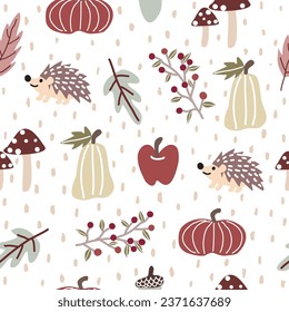 Seamless autumn pattern with hedgehogs, leaves, apples, pumpkins, berries, mushrooms and acorns on a white background.  used for textiles  wallpaper and print