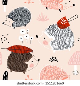 Seamless autumn pattern with hedgehogs and mushrooms. Creative scandinavian background. Perfect for kids apparel,fabric, textile, nursery decoration,wrapping paper.Vector Illustration