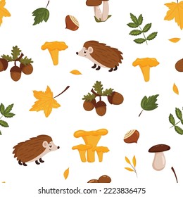 Seamless autumn pattern with hedgehogs, mushrooms, acorns and leaves white background. Beautiful print for textiles, wallpaper, packaging cartoon style