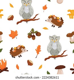 Seamless autumn pattern with hedgehogs, owl, mushrooms and leaves white background. Beautiful print for textiles, wallpaper, packaging cartoon style.