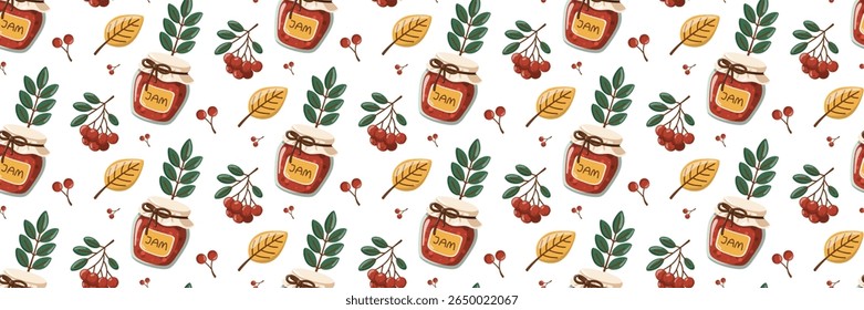 Seamless autumn pattern with homemade berry jam jars and leaves. Fall digitalpaper design. Cartoon vector background.